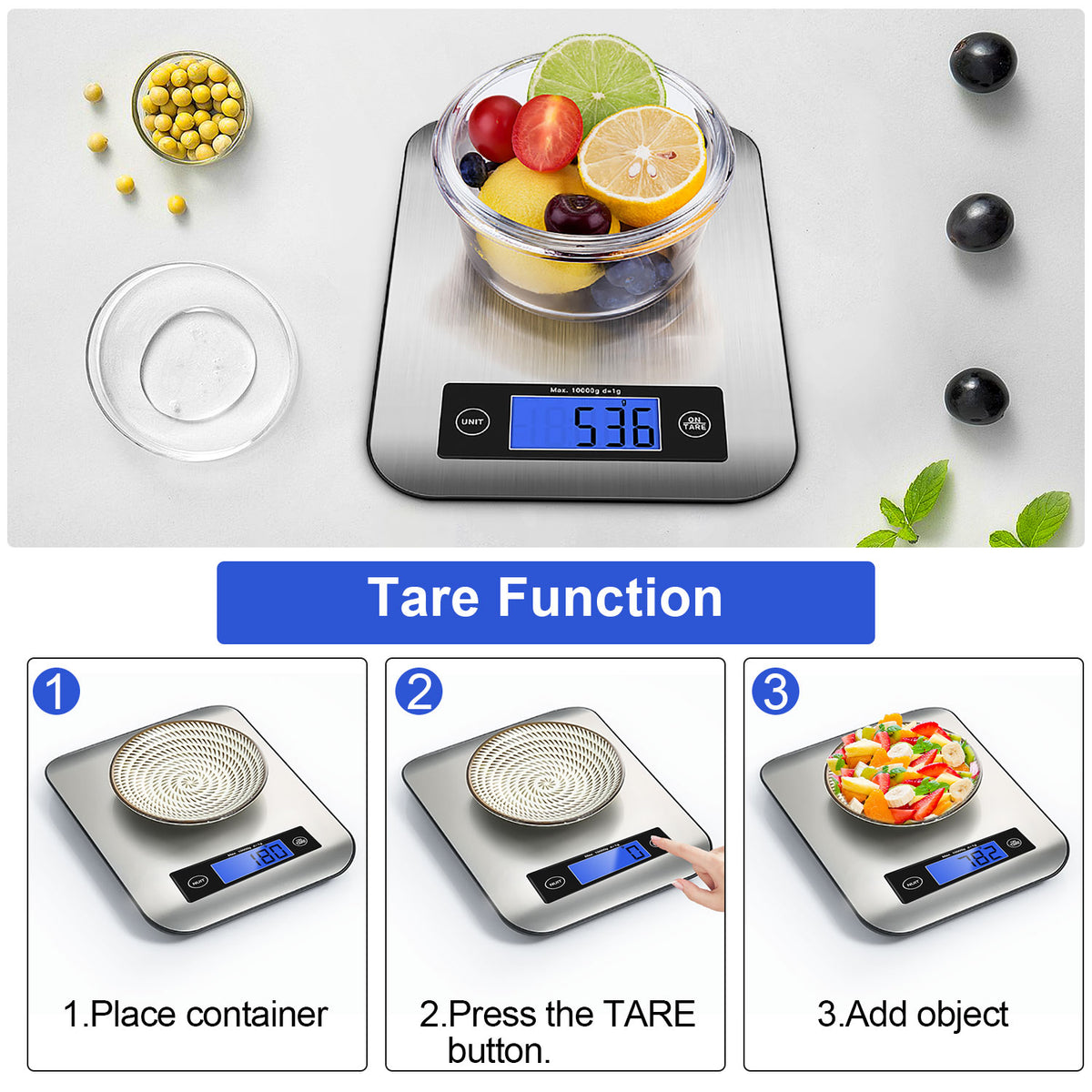 Food Scale, 22lb Digital Kitchen Stainless Steel Scale Weight Grams and oz for Cooking Baking - Precise Graduation with Backlit LCD Display - Battery Included