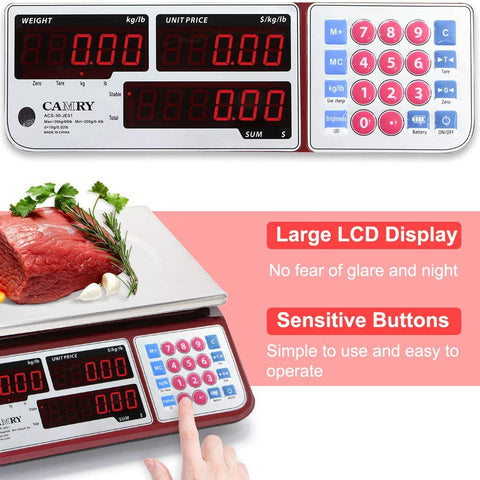 Allprettyall Digital Commercial Price Scale 66lb/30kg with Dual LCD Display  Stainless Steel Platform Rechargeable Battery Electronic Price Computing
