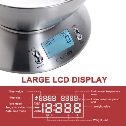 Camry Food Scale with Bowl Digital Kitchen Scale Stainless Steel with Timer Temperature Backlight LCD 11lb